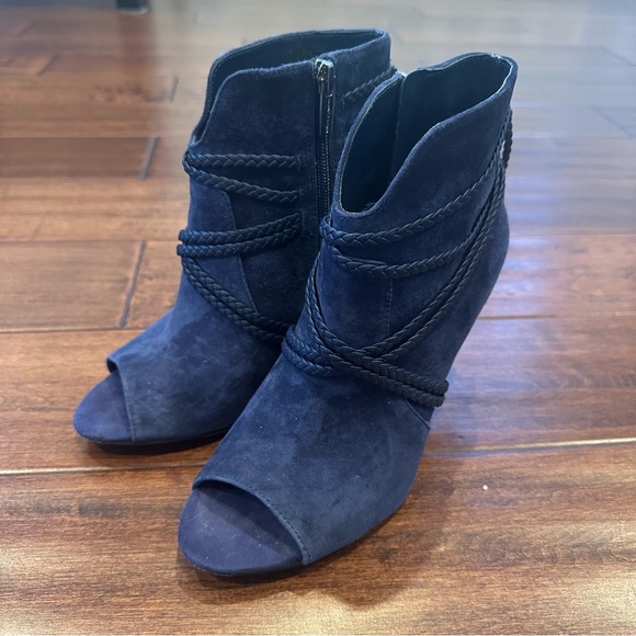 Vince Camuto Navy Suede Braided Tassel Peep Toe Booties - Picture 4 of 8